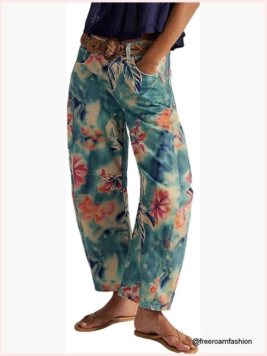 Denim - Women Boyfriend Baggy Barrel Jeans Floral Print Denim Ankle Pants Wide Leg Mid